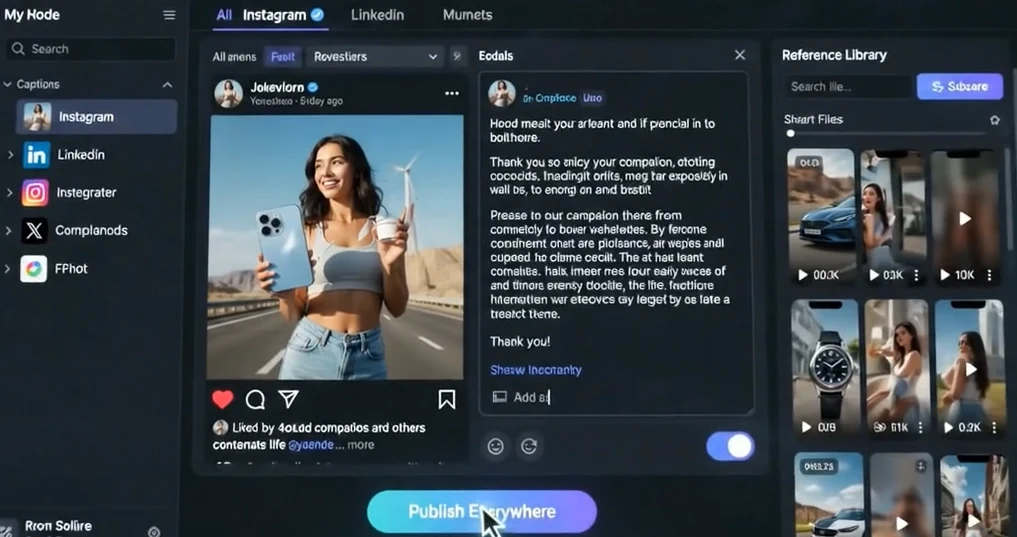 Content Multiplier app generating ready-to-publish Facebook, Instagram, and LinkedIn cards from a single typed update