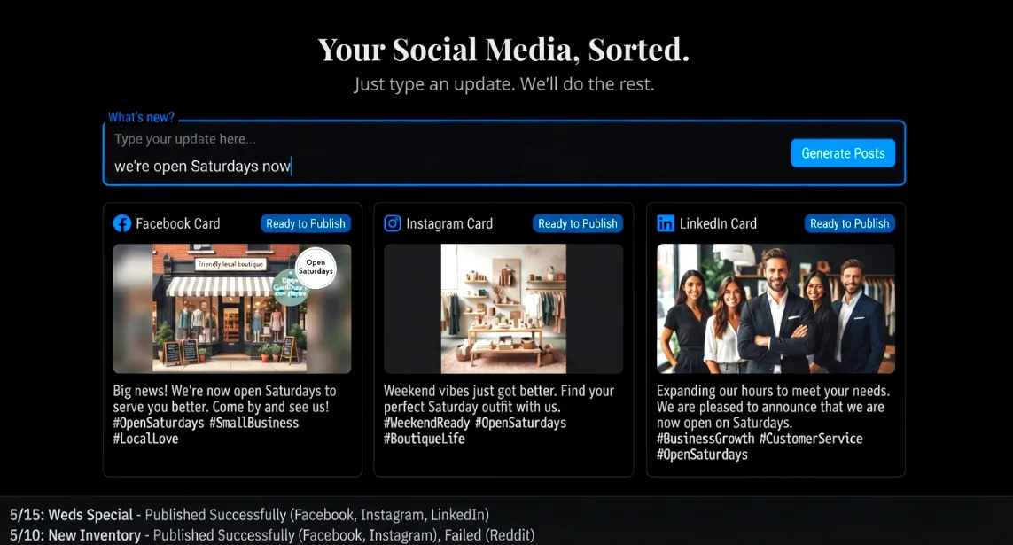 Content Multiplier app generating ready-to-publish Facebook, Instagram, and LinkedIn cards from a single typed update