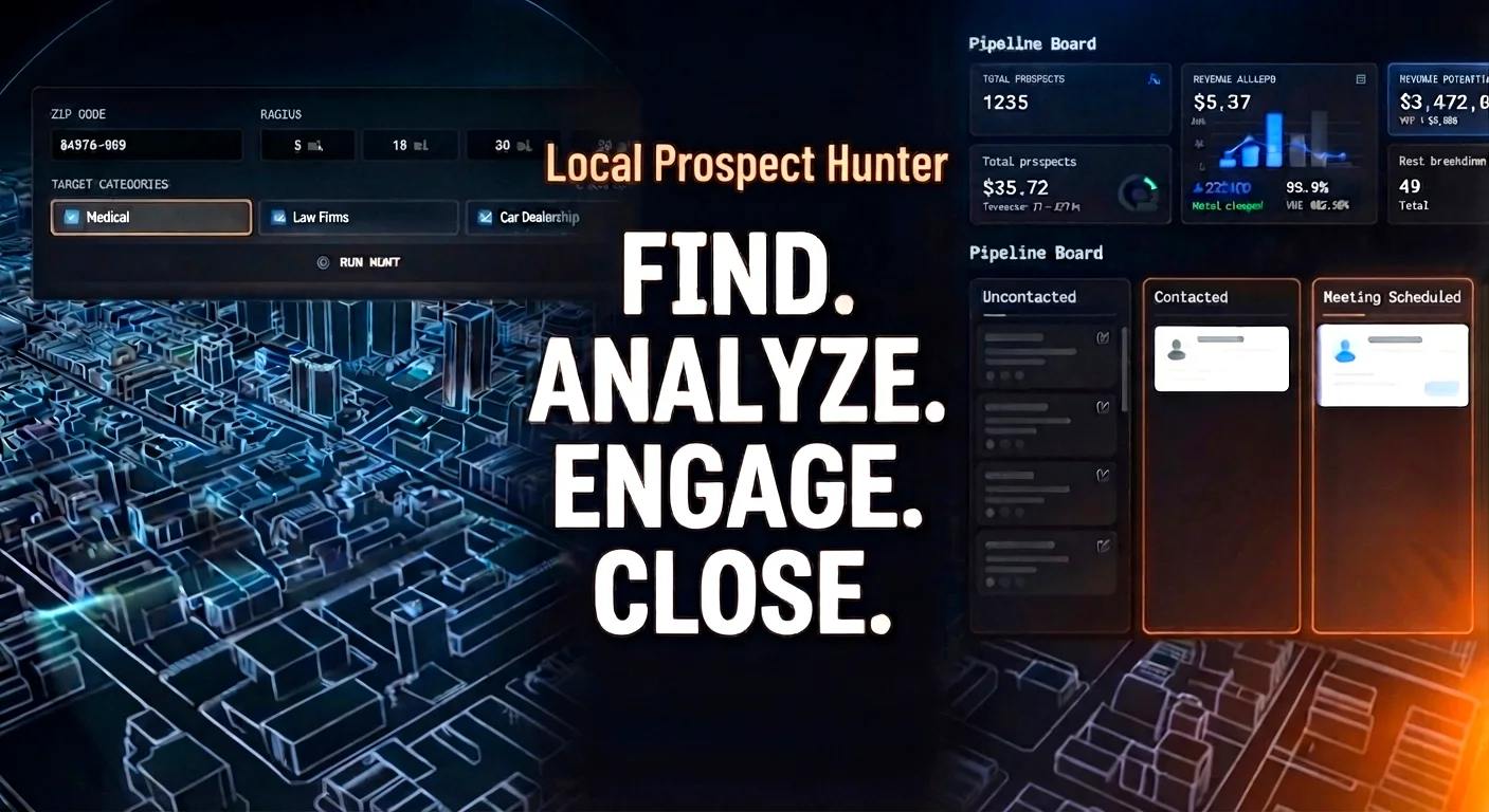 Local Prospect Hunter app showing a ZIP code and radius search, target categories, and a live pipeline board with revenue metrics