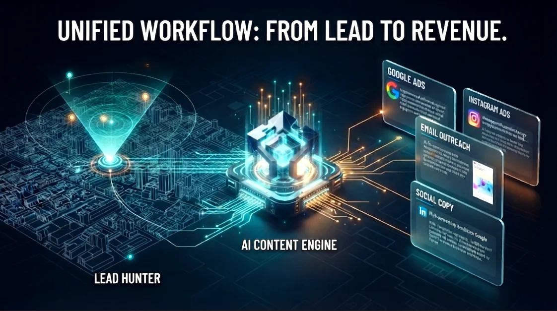 Unified workflow: Local Prospect Hunter finds leads, the AI content engine drafts email, social, and ad copy, and it all routes to Google Ads, Instagram Ads, and email outreach